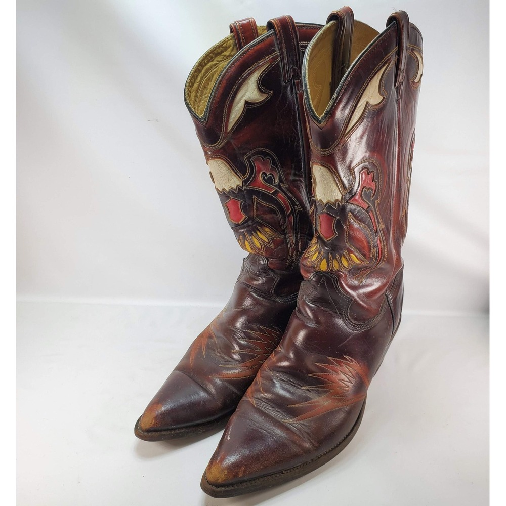 Texas Cowboy Boots Mens 12 Burgundy Bald Eagle Inlay Pointed Toe Western VTG